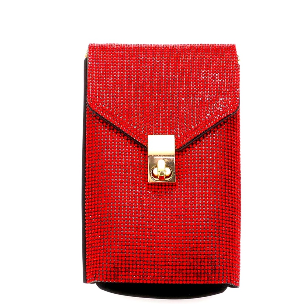 Red Rhinestone Crystal Embellished Chain Crossbody Phone Pouch Sling Bag